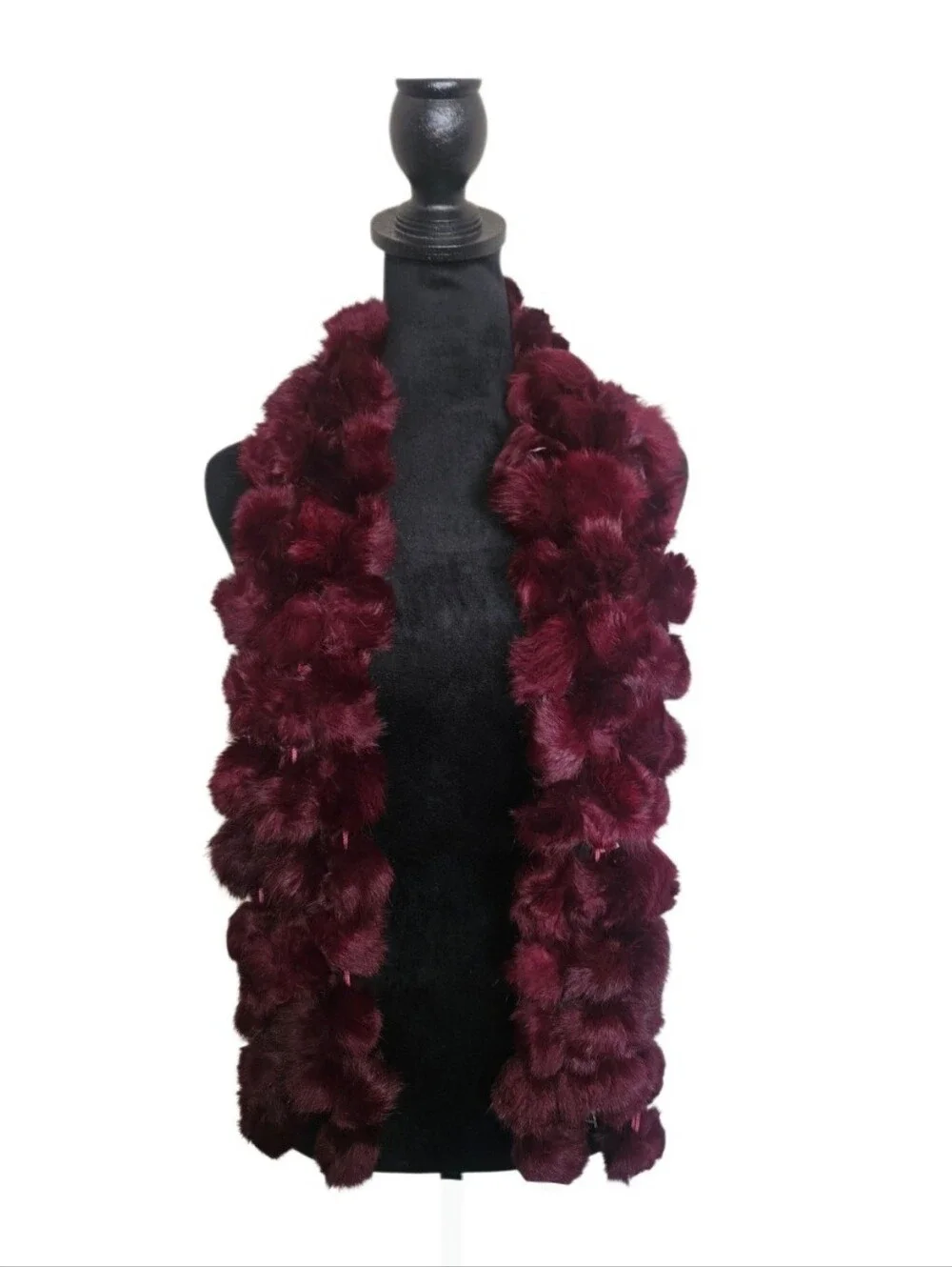 Women's Genuine Y2K Rabbit Fur Pom-Pom  Burgundy Scarf One Size